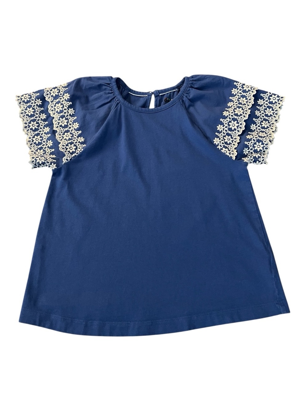 Mini Boden Blue Short Sleeve Top with White Embroidered Sleeves